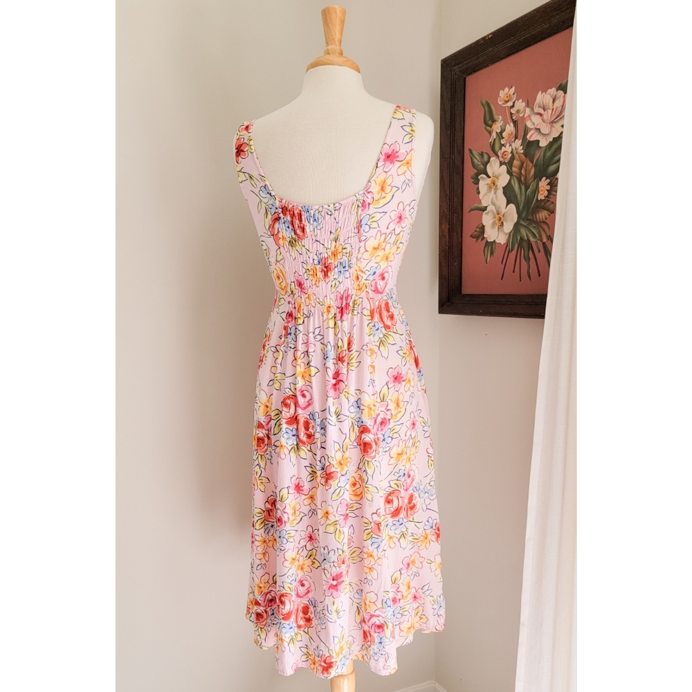 90s Pink Floral Button Front 1990s Vintage Fit & Flare Flowy Midi Length Dress - Picture 6 of 15